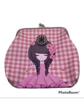 Pink Plaid Snap Jewelry Change Purse w/ Sweet Brunette & Flower Snap! SEE VIDEO!